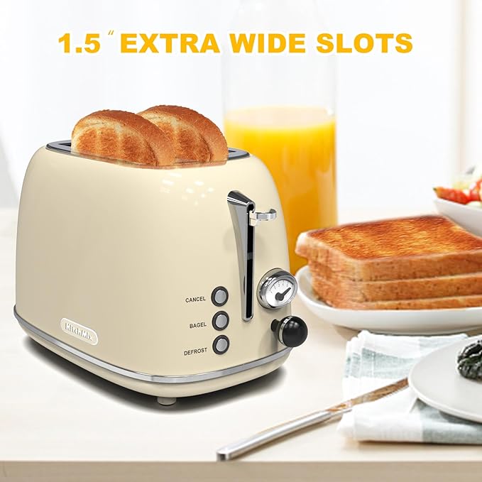 Toaster 2 slice, KitchMix Retro Stainless Steel Toaster with 6 Settings, 1.5 In Extra Wide Slots, Bagel/Defrost/Cancel Function, Removable Crumb Tray (Cream)