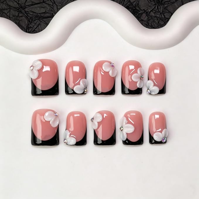 White Flower Press on Nails Handmade Black French Tip Fake Nails with Designs 3D Floral & Rhinestone Accents Short Square Handmade Salon Quality Thick Acrylic Nail Stick on Nails for Women (S）