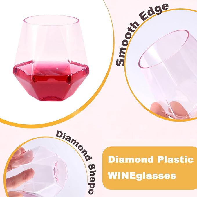 Goodluck 40PCS 12oz Diamond Stemless Plastic Wine Whiskey Glass,Multi-color | Disposable Cocktail Glasses, Suitable for Weddings, Birthday Parties, Family Gatherings, Bars, etc