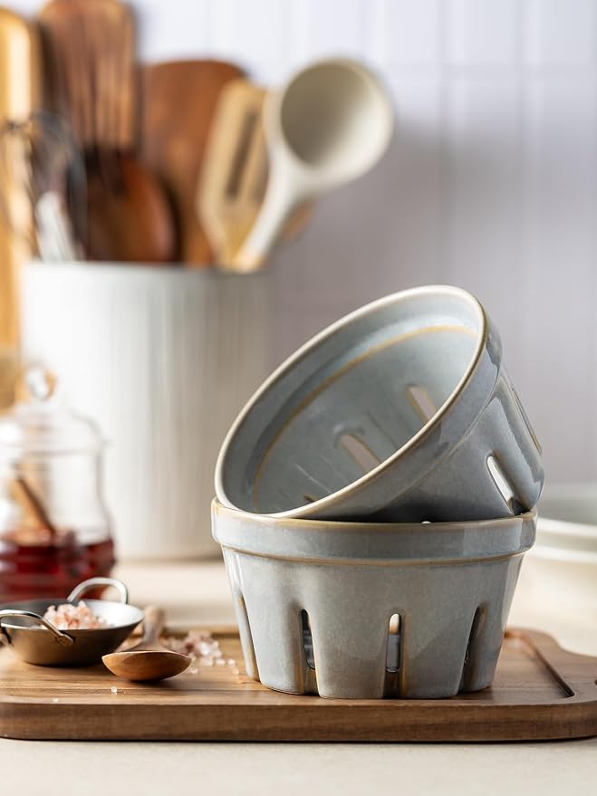 Gomakren Ceramic Berry Bowl Set of 2, Fruit Containers for Fridge, Gray | Drain Holes Keep Berries Fresh, Stackable, Wash & Serve | 5.8In Round Strawberry Grape Cherry Basket, Farmhouse Kitchen Decor
