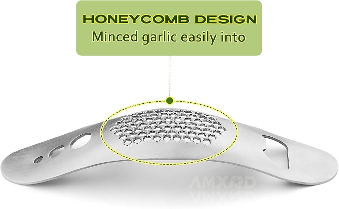 Stainless Steel Garlic Press Rocker & Silicone Garlic Peeler | 3-in-1 Garlic Mincer Crusher Squeezer with Bottle Opener & Herb Stripper/Leaf Zipper, Versatile Kitchen Tool