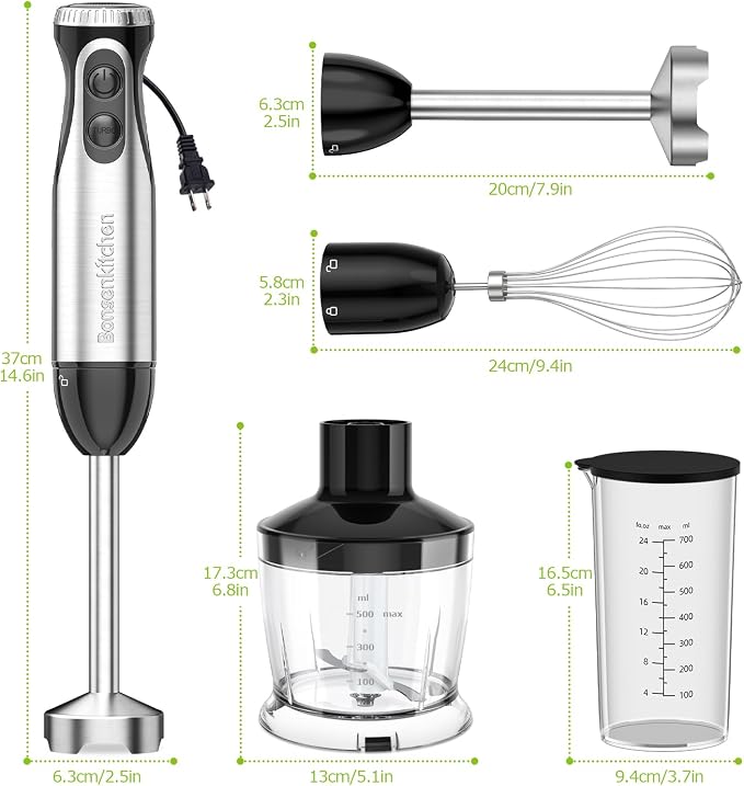 Bonsenkitchen Immersion Blender with Food Processor, 20 Speeds & Turbo Mode | 4-in-1 Emulsion Hand Blender, Egg Whisk, 24 oz Beaker & Chopper Bowl, Portable Hand Mixer for Smoothie, Soup, Baby Food