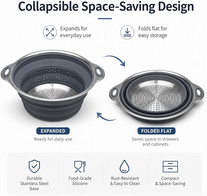 Mejoncb Collapsible Colander – Platinum Silicone Strainer with Stainless Steel Base, BPA-Free & Heat Resistant Kitchen Drain Basket (Gery)