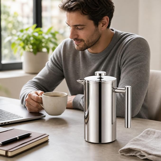 12 oz / 350 ml Stainless Steel French Press Coffee Maker, Double-Wall Insulated Small Coffee Press with 2 Extra Filters and Coffee Spoon, Single Serve French Press for Home, Office and Camping