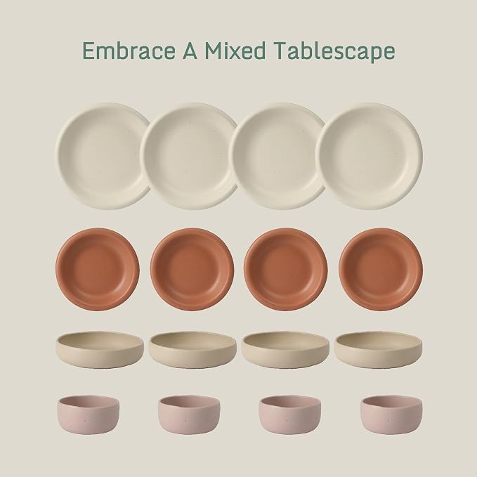 Corsica Clay Dinnerware Set - Stackable Colorful Boho Reactive Glaze Plates and Bowls Set -2 Time Oprah's Favorite Things Brand- 16 Piece (Service for 4)- Matte Assorted Pottery Colors