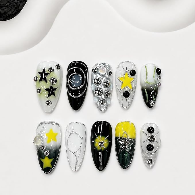 Handmade Press on Nails Medium Almond Gradient Fake Nails with 3D Steel Ball Designs Y2K Metal Embossed Stick on Nails Salon Quality False Nail Summer Stars Acrylic Nail Kit 10pcs (S)