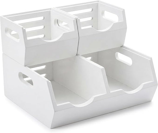 HOMESTEAD Stackable Solid Wood Storage Bins for Kitchen Pantry & Countertop, Ventilated Potato and Onion Basket Organizer with Handles, Wooden Produce Storage Containers, 3-Pack, White