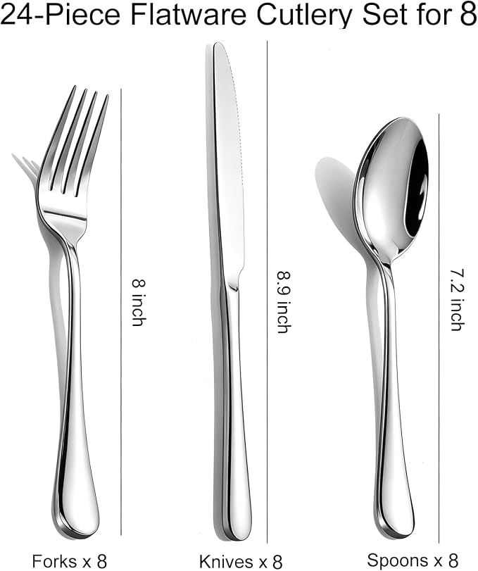 24-Piece Silverware Set for 8 - Stainless Steel Flatware Cutlery Set Service for 8, Mirror Polished Flatware Set Include Forks Spoons Knives for Home, Wedding, Restaurant, Dishwasher Safe