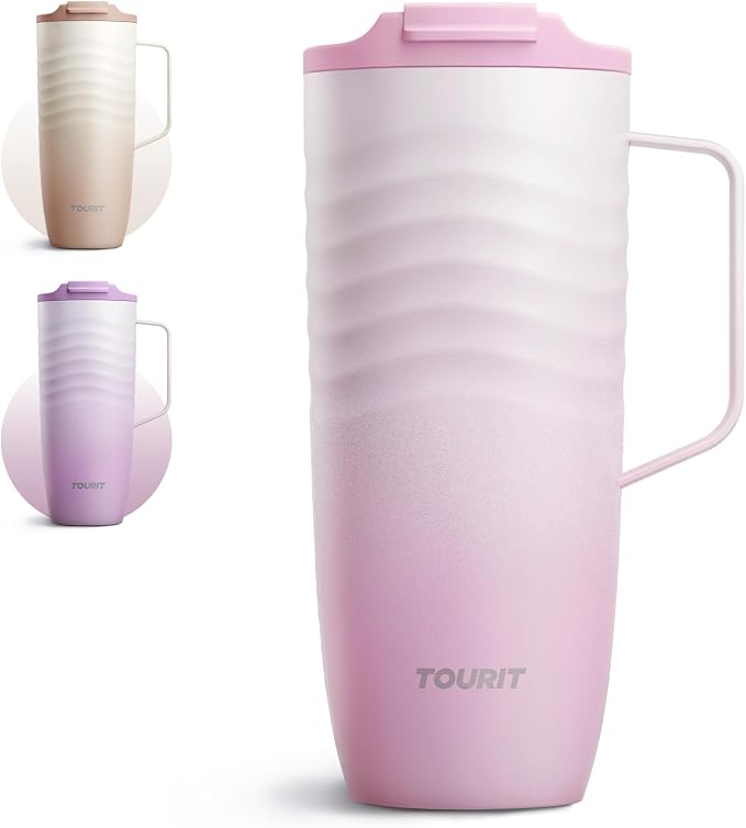 TOURIT 20oz Insulated Coffee Mug with Handle, Leak-Proof Travel Tumbler | 20oz · Side Handle · Ripple Grip · 6h Hot/12h Cold · Leak-Proof · Silicone Base · 304 Steel