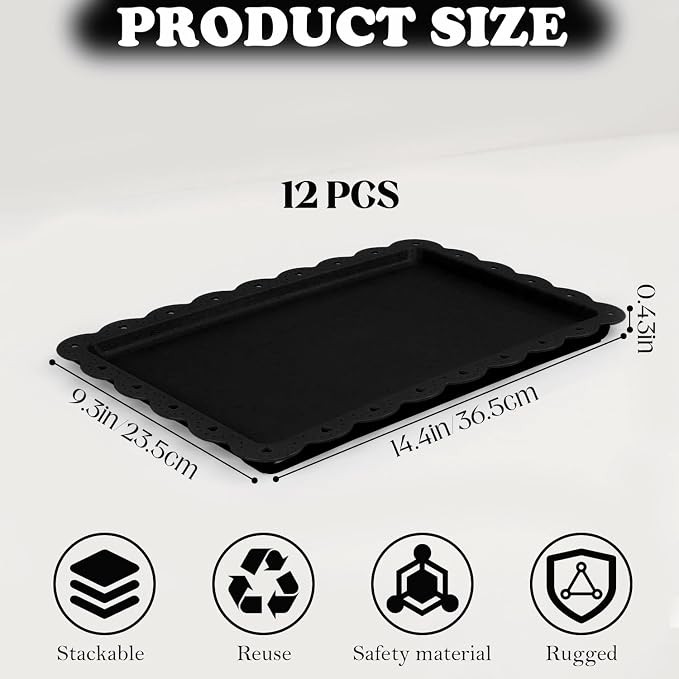 Food Tray, 12 Pack Serving Tray Serving Platter Fruit Dessert Plates, Plastic Serving Trays Rectangle Dessert Trays for Party, Wedding, Restaurant, 14.4" X 9.3" (Black)