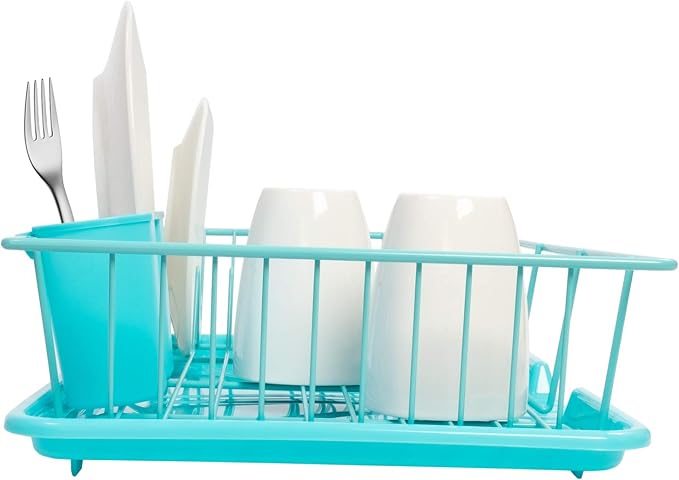 Sweet Home Collection Dish Rack Drainer 3 Piece Set with Drying Board and Utensil Holder, 5"D x 12"W x 17"H, Turquoise
