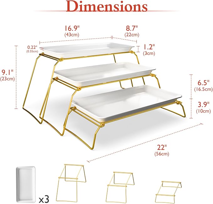 Bumusty Large 3-Tier Melamine Serving Tray Set, 17 x 8.7 in, Gold Stand | Melamine Reusable Platters with Metal Display Stand for Cupcakes, Desserts, Fruit, Cookies, Parties, Birthdays and Holidays