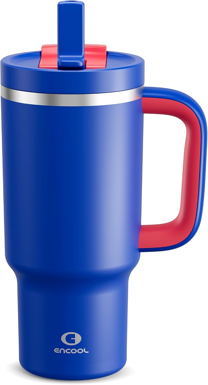 ENCOOL 32 oz Tumbler with Handle and Straw: Stainless Steel Insulated Tumbler Keeps Cold for 24 Hours, Leakproof Travel Cup Fits in Cup Holder and BPA-Free,Beaucoup Blue