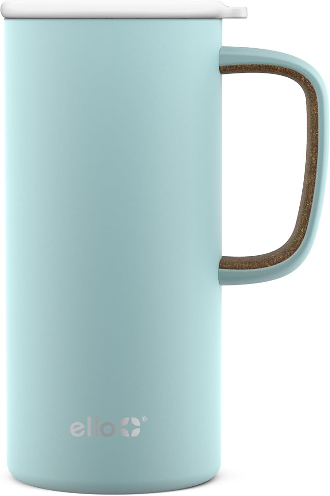 Ello Campy 18oz Insulated Stainless Steel Travel Mug with Handle, Frost | Leakproof coffee tumbler keeps drinks hot for hours. BPA-free, comfortable handle, great for commutes and the office.