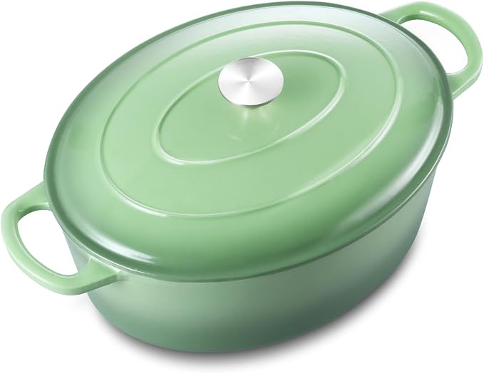 5QT Oval Dutch Oven Pot with Lid, Leonyo 5 Quart Enameled Oval Cast Iron Dutch Oven for Sourdough Bread Breaking, Heavy Duty Cookware for Braising, Stews, Roasting, Pistachio Green