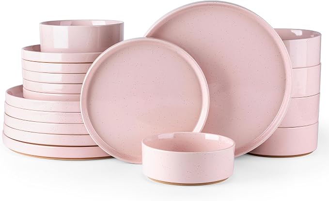 AmorArc Stoneware Dinnerware Sets for 6,18Pcs Plates and Bowls Set | Handmade Ceramic Dish Set,Dishwasher & Microwave Safe,Scratch Resistant-Pink