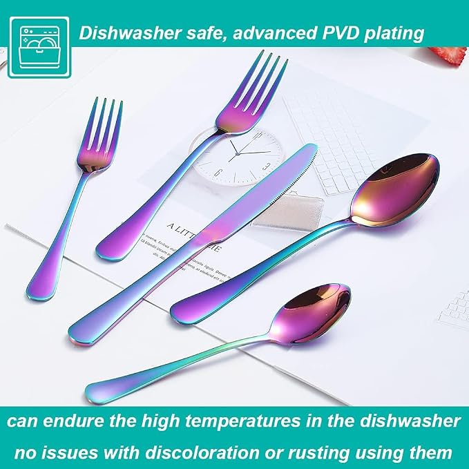 30 Pcs Rainbow Silverware Set for 6, Food Grade Stainless Steel Flatware Set, Eating Utensils Sets Include Fork/Knife/Spoon,Home Kitchen Tableware Set, Reusable Cutlery Set, Dishwasher Safe