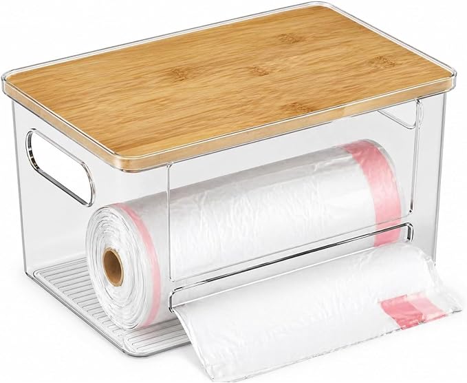 Trash Bag Holder & Under Sink Storage Organizer Set | Bamboo lid garbage bag dispenser fits 13/30/33gal bags; ideal under sink storage for kitchen pantry & laundry room