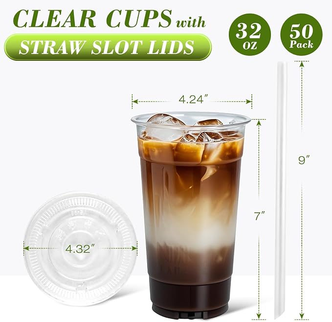 Ginkgo 32 oz Clear Plastic Cups with Lids and Jumbo Straws | Leak-Proof & Sturdy Disposable To Go Iced Coffee Cups for Smoothie, Boba Milk Tea - 50 Pack