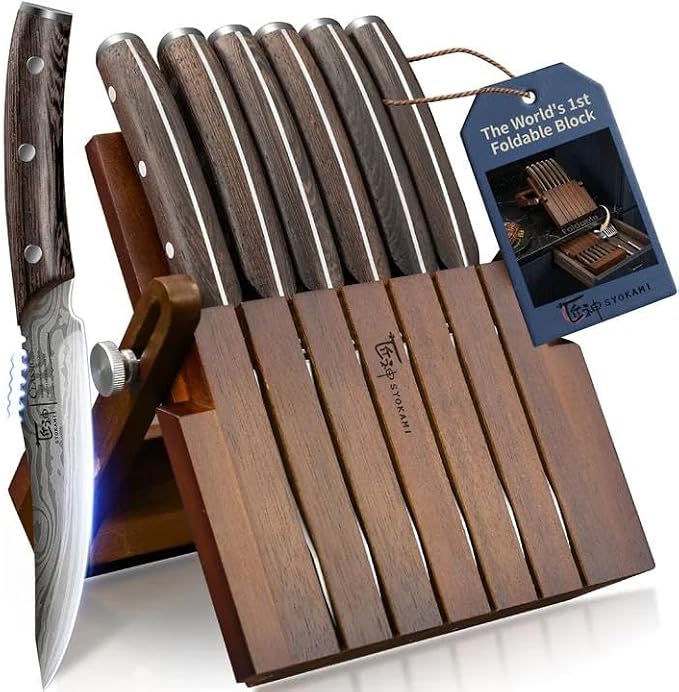 2026 Upgrade Steak Knives Set of 6 with Acacia Wood Foldable Block | 4.8 Inch Non Serrated Stainless Steel Dinner Knives, Full Tang Wenge Wood Handle, Damascus Pattern, Sharp Blade, Ideal Gift