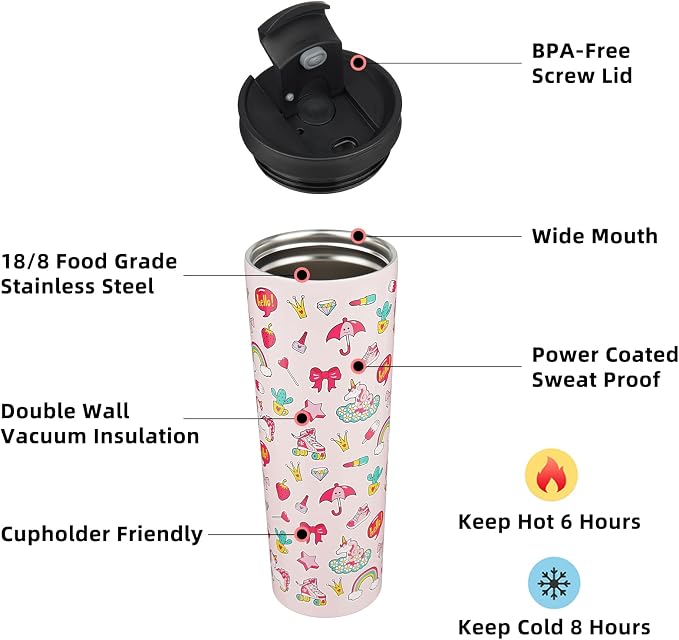 BJPKPK 34oz Coffee Tumbler with Straw, Insulated Stainless Steel Cup | Double Wall Vacuum, Leak Proof Lid, Keeps Hot/Cold/Iced, BPA Free, Travel & Outdoor, Unicorns