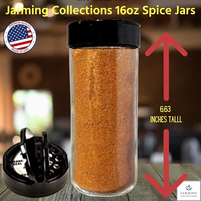16oz Glass Spice Shakers with Lids – Set of 2 Large Seasoning Containers with Shaker Tops for Kitchen, Pantry & Herb Storage