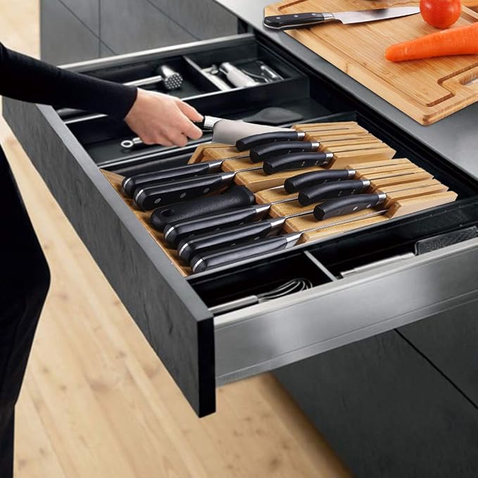 NIUXX Bamboo In-Drawer Knife Block Set for 12 Knives(Not Included) | Large Kitchen Detachable Washable Cutlery Slot Organizer Storage Holder for Sharpening Steel and Cutter