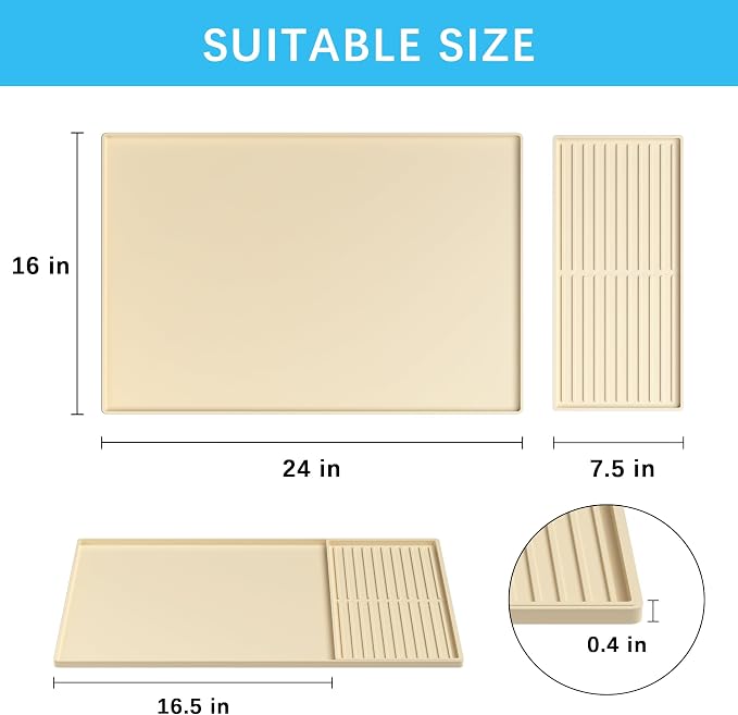 Golener Coffee Bar Mat Set, Silicone Coffee Mat with Raised Edges, 24"x16" | Coffee Mat for Countertop, Waterproof Coffee Station Mat, Dish Drying Mat Under Rack, Heat Resistant Coffee Machine Mat,Beige