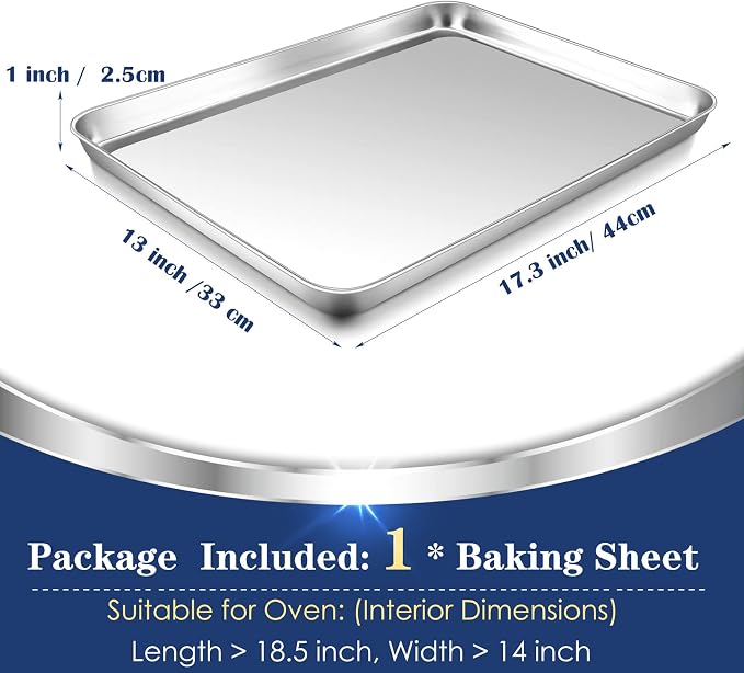 P&P CHEF Baking Sheet Pan, Stainless Steel Cookie Sheet, 17.3 Inch & 1 Pc | Oven Tray Sheet Pan for Baking & Serving, Baking Tray for Multi Uses, Heavy Duty & Non-toxic, Rust Free & Dishwasher Safe