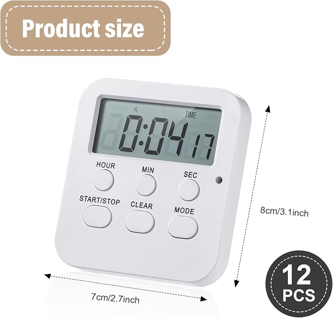 Weewooday 12 Pcs Digital Kitchen Magnetic Timer Bulk Classroom Count up Countdown Egg Timer Cute Desk Stopwatch for Back to School Teacher Kids Cooking Office(White,Cute Style)