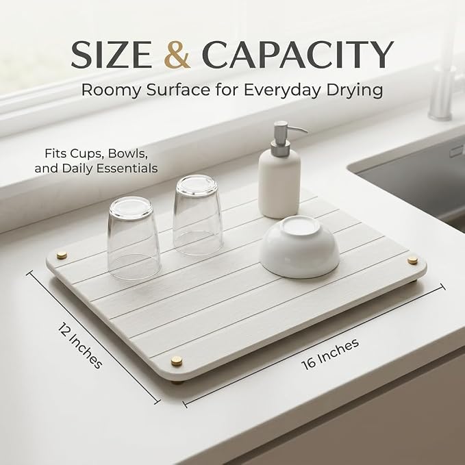 Stone Dish Drying Mat for Kitchen Counter, Water Absorbing Bathroom Tray Sink Organizer, Diatomaceous Earth Countertop Dish Rack Riser Sponge Holder Soap Dish, Gold White, 16" x 12"