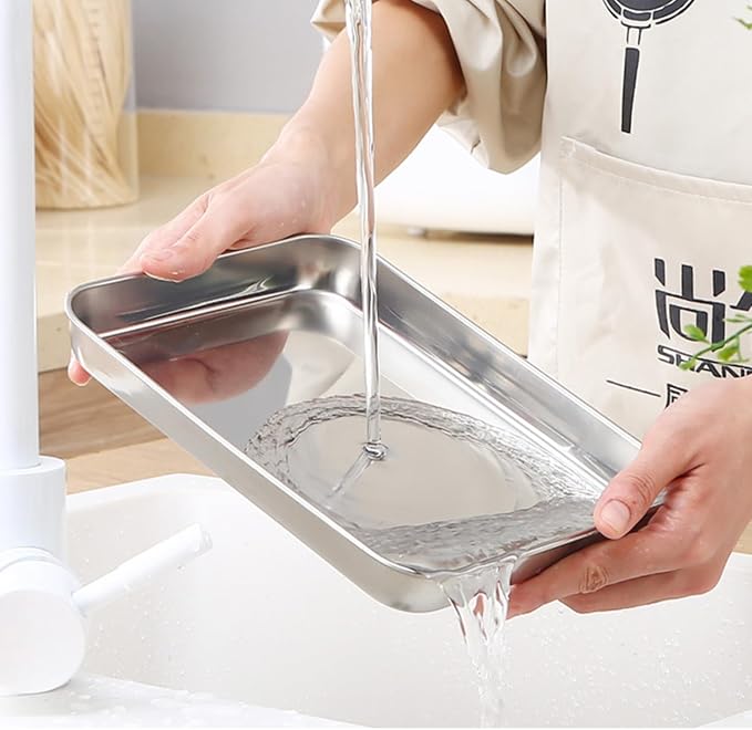 Stainless Steel 304 Baking Sheet Pans 9.3" Cookie Tray Food Serving | Extra Small 1/8 Pan, 2Pack, Deep Tiny Toaster Oven Pan, Dishwasher Safe, No Rust, Reheat Food, 1~2 Person, 9.3 x 6.9 x1.1"