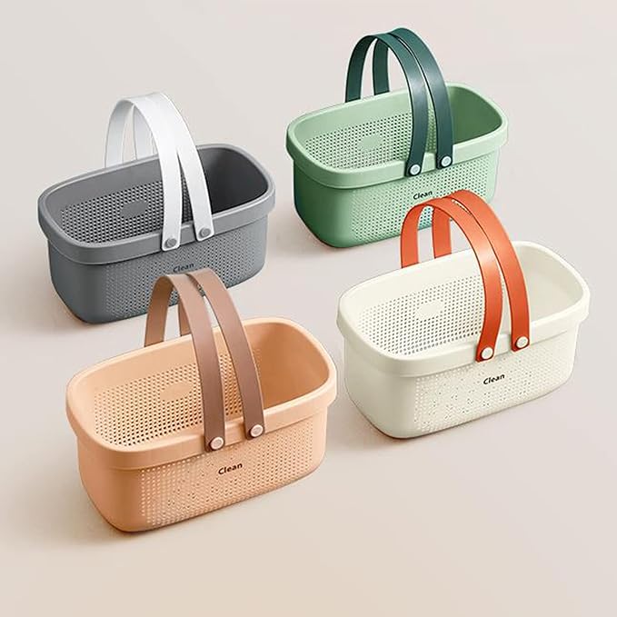 JiatuA Plastic Storage Basket with Handle Portable Shower Caddy Tote Organizer Basket Bin for Bathroom Kitchen Dorm Room Bedroom, Green | Sturdy Drainage Large Capacity Organizer Basket with Silicone Handles for Bathroom Kitchen Bedroom College Dorm Es...