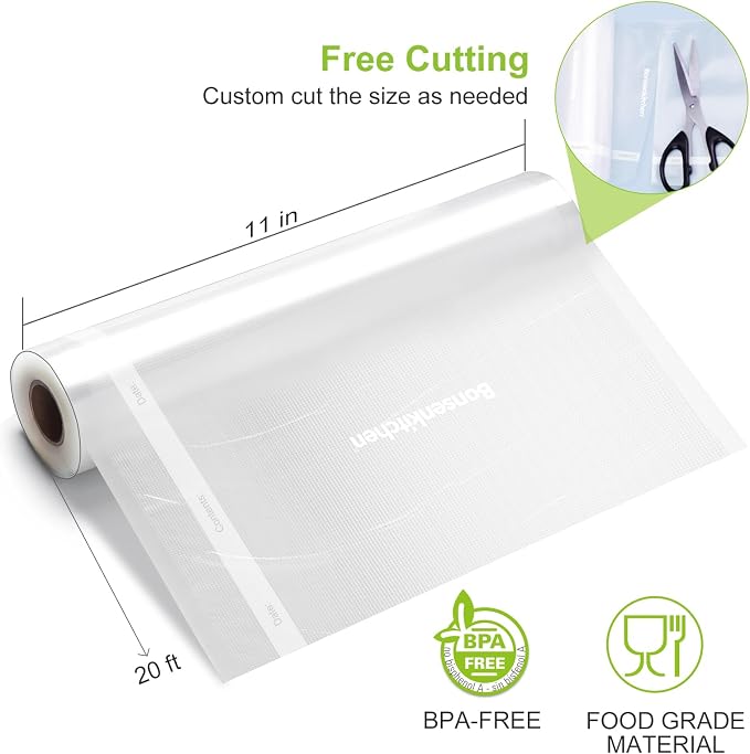Bonsenkitchen Vacuum Sealer Bags, 11" x 20' Rolls 2 Pack for Food Storage | Commercial Grade Textured Food Roll, Bpa Free, Heavy Duty, Customized Size Bag for Sous Vide Cooking, VB3207