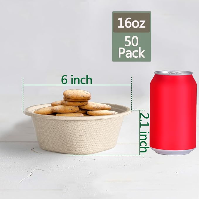 16 Oz Disposable Bowls Heavy Duty Small Paper Bowls made of 100% Compostable Heavy-duty Quality Natural Bagasse Biodegradable Bowls for Ice Cream, Dessert And Chili ect.[50 Pack]