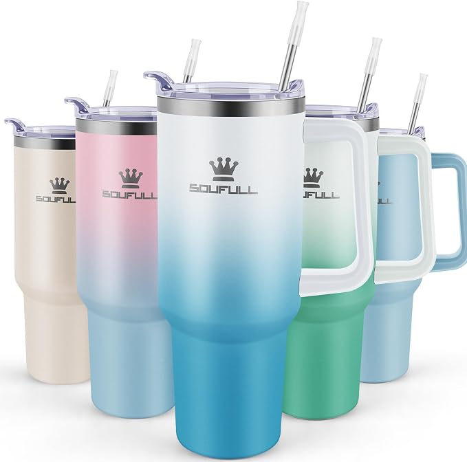 Soufull 40 oz Tumbler with Handle and Straw Lid, 100% Leak-proof, WhiteBlue | Stainless Steel Insulated Travel Coffee Cup, Keeps Cold 34Hrs or Hot 10Hrs, Dishwasher Safe