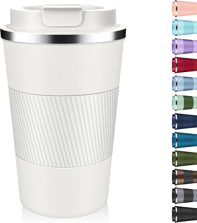 Insulated Coffee Tumbler 12 oz, Stainless Steel Coffee Mug with Lids, Travel Coffee Mug Leak Proof, Double Wall Vacuum Insulated Reusable Coffee Cup, Keep Drinks Hot and Cold (White, 12 Ounces)