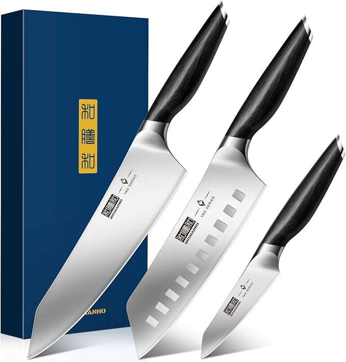 HOSHANHO 3-Piece Knife Set, Ultra Sharp Japanese Kitchen Chef Knife Set | High Carbon Powder Steel Kitchen Knife Set, Professional Cooking Knives Set with Ergonomic Pakkawood Handle, Excellent Gift