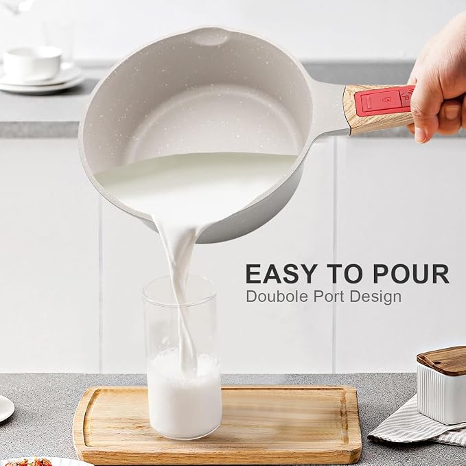 2 Qt Nonstick Saucepan with Lid, Sauce Pot with Pour Spout, White | Detachable Handle, Suitable for All Stoves, Including Induction, Oven Safe, PTFE & PFAS & PFOA Free