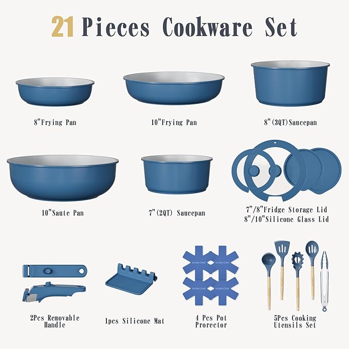 Umite Chef Pots and Pans Set Non Stick, 21 pcs Ceramic Cookware Set with Detachable Handles, Healthy Induction Cookware, RV Kitchen Cooking Set, with Utensils & Frying Pans Set, PFAS PFOA & PTFE Free