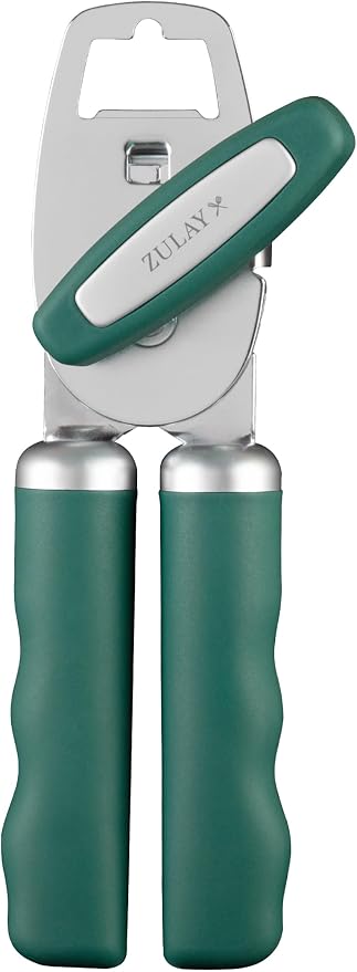 Zulay Kitchen Heavy Duty Stainless Steel Can Opener Manual with Bottle Opener - Rust Proof Manual Can Opener With Turn Knob & Comfy Soft Grip Handles - Pine Green