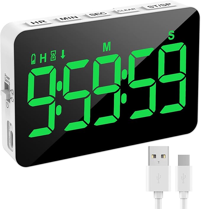 Samshow Rechargeable Digital Kitchen Timer, Green, 5 Inch | Countdown/Up, 3 Adjustable Brightness, 4 Adjustable Volume , 5" LED Display, Magnetic, For Classroom/Office/Home/Work/Game