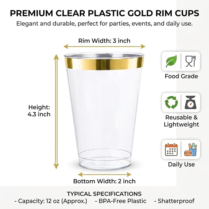Byvivace 12oz Clear Plastic Cups with Gold Rimmed Sturdy & Food Safe Disposable Wine Glasses Wedding Cups Party Cups Plastic Cocktail Glasses for Wine, Juice, Cocktails and Cold Beverages [100 Pack]