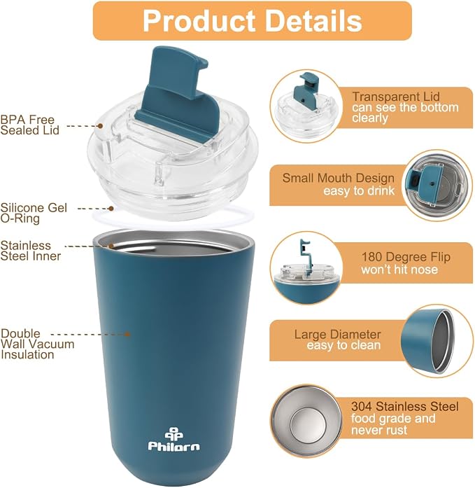 PHILORN Coffee Mug with Lid, 12 OZ Travel Mug, Leak-proof to go Coffee Mug | Stainless Steel Thermal Coffee Mug with Double Wall, Insulated Coffee Tumbler for Men and Women for Hot & Cold Drinks