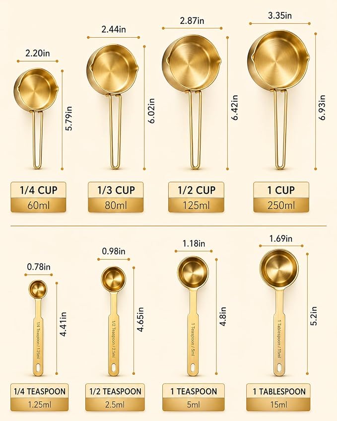 Gold Measuring Cups and Spoons Set, 8 Piece Stainless Steel Measuring Cup and Spoon Set for Baking and Cooking, Stackable Gold Kitchen Measuring Utensils for Dry and Liquid Ingredients