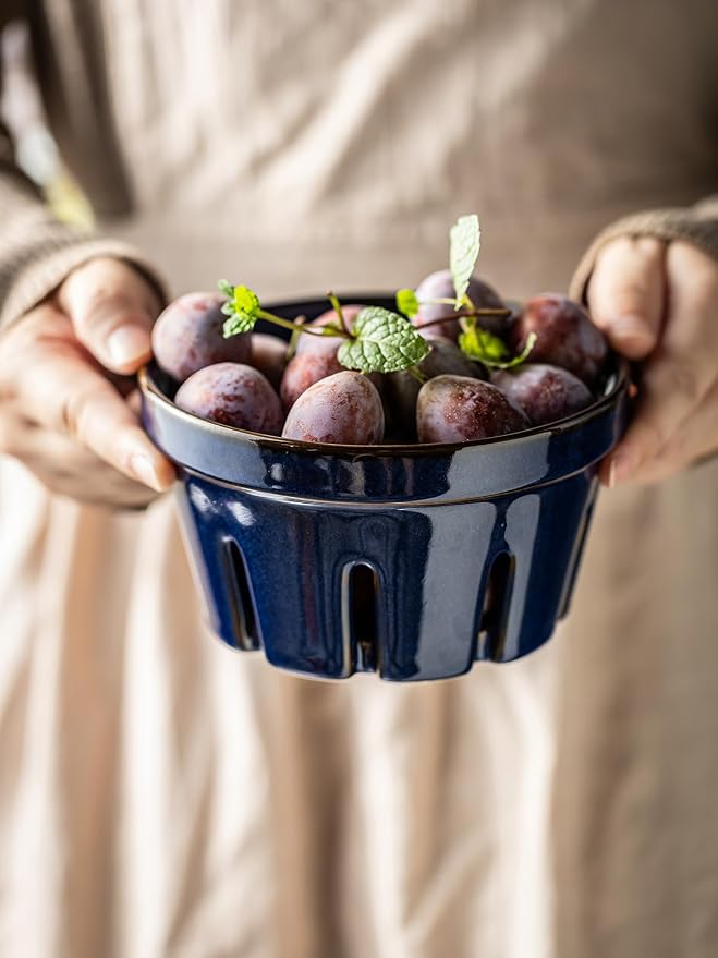 Gomakren Ceramic Berry Basket Set of 2, Fruit Bowl with Holes, Cobalt Blue | Drain Holes Keep Berries Fresh, Stackable Space-Saving, Dishwasher Safe, Versatile Fruit Serving & Farmhouse Kitchen Decor