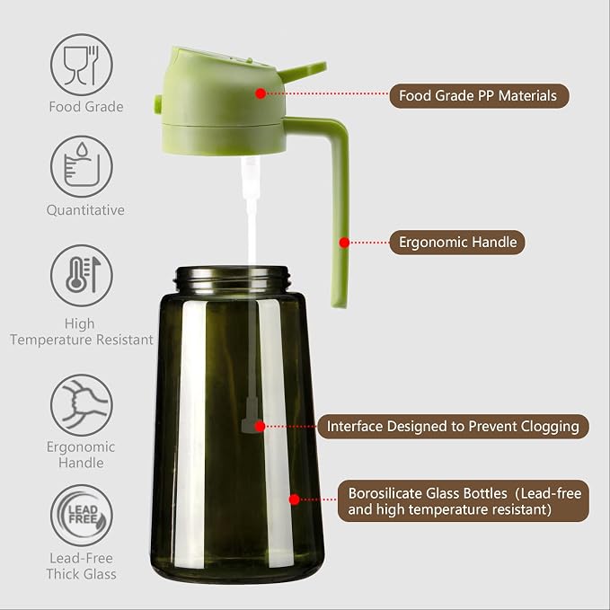 SWEET VIEW Olive Oil Dispenser and Oil Sprayer | 16oz/470ml Glass Light-Proof Oil Pourer for Kitchen Air Fryer, Cooking, Salad, and BBQ, with Stickers