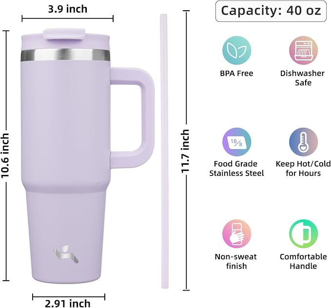 Konokyo 40 oz Insulated Tumbler Water Bottle with Handle, Straw Lid | BPA-free and dishwasher safe; made for gym, travel, coffee and gifting, 2 straws, cup holder friendly,Wisteria