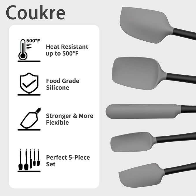 Coukre Silicone Spatula Set of 5,High Temperature Resistant, Food Grade Silicone, Dishwasher Safe, for Baking, Cooking (Gray Black)