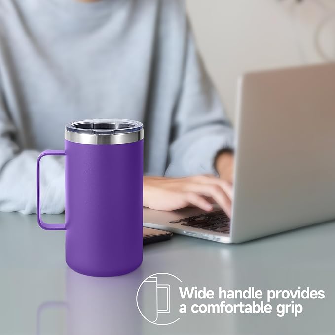 Volhoply 22oz Insulated Stainless Steel Coffee Mug with Leakproof Lid,Double Wall Vacuum Travel Coffee Cup with Handle,Reusable Metal Tumbler,Camping Mugs Keep Hot&Cold(Purple,1)